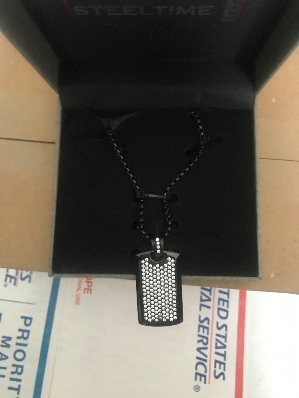 Men’s Rare Steeltime 24” Stainless Steel and Simulated diamonds dog tag Pendant